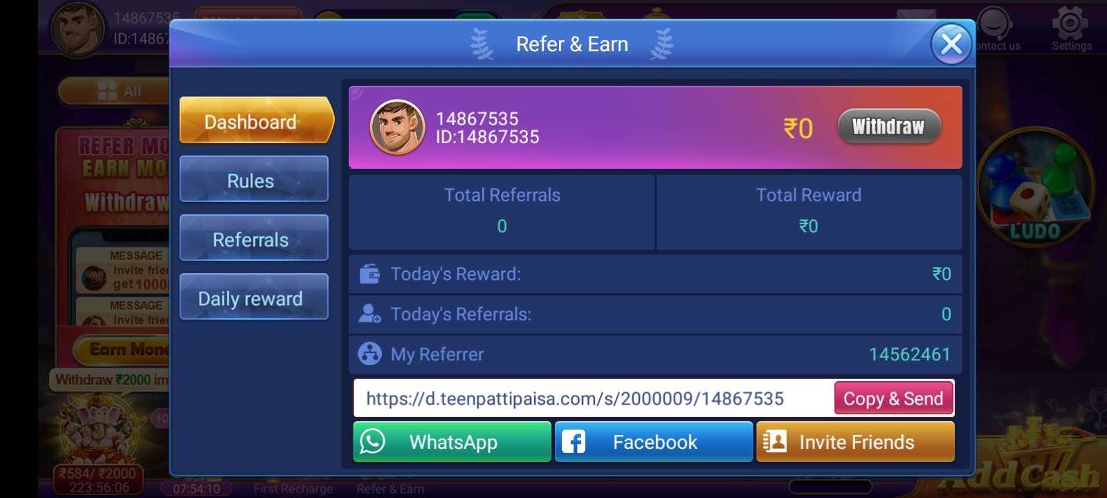 Refer & Earn In Teen Patti Glory App